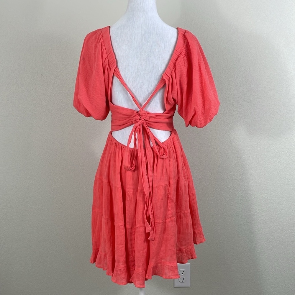NWT Free People Coral puff sleeve tie back v neck mini dress size small - Picture 3 of 7